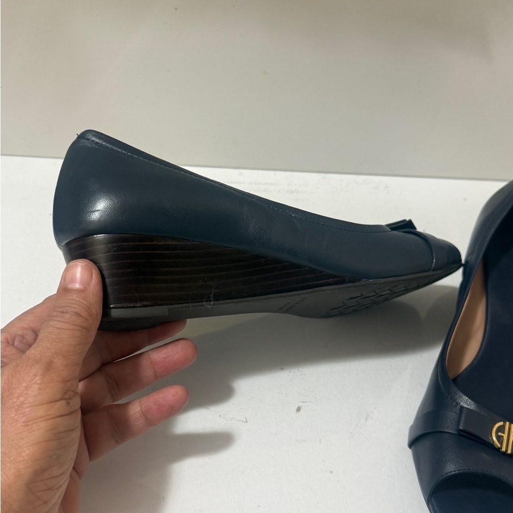 Cole Haan Women's Navy Peep-Toe Flats with Gold Accent - Picture 7 of 16